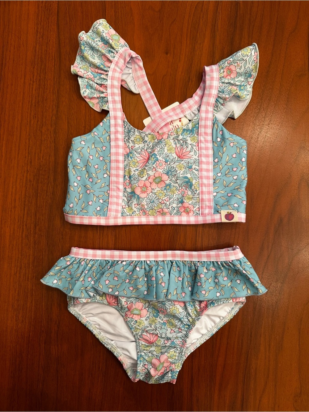 NWT Cheeky Plum Girls Floral Ruffle Two-Piece Swimsuit Blue & Pink size 5T